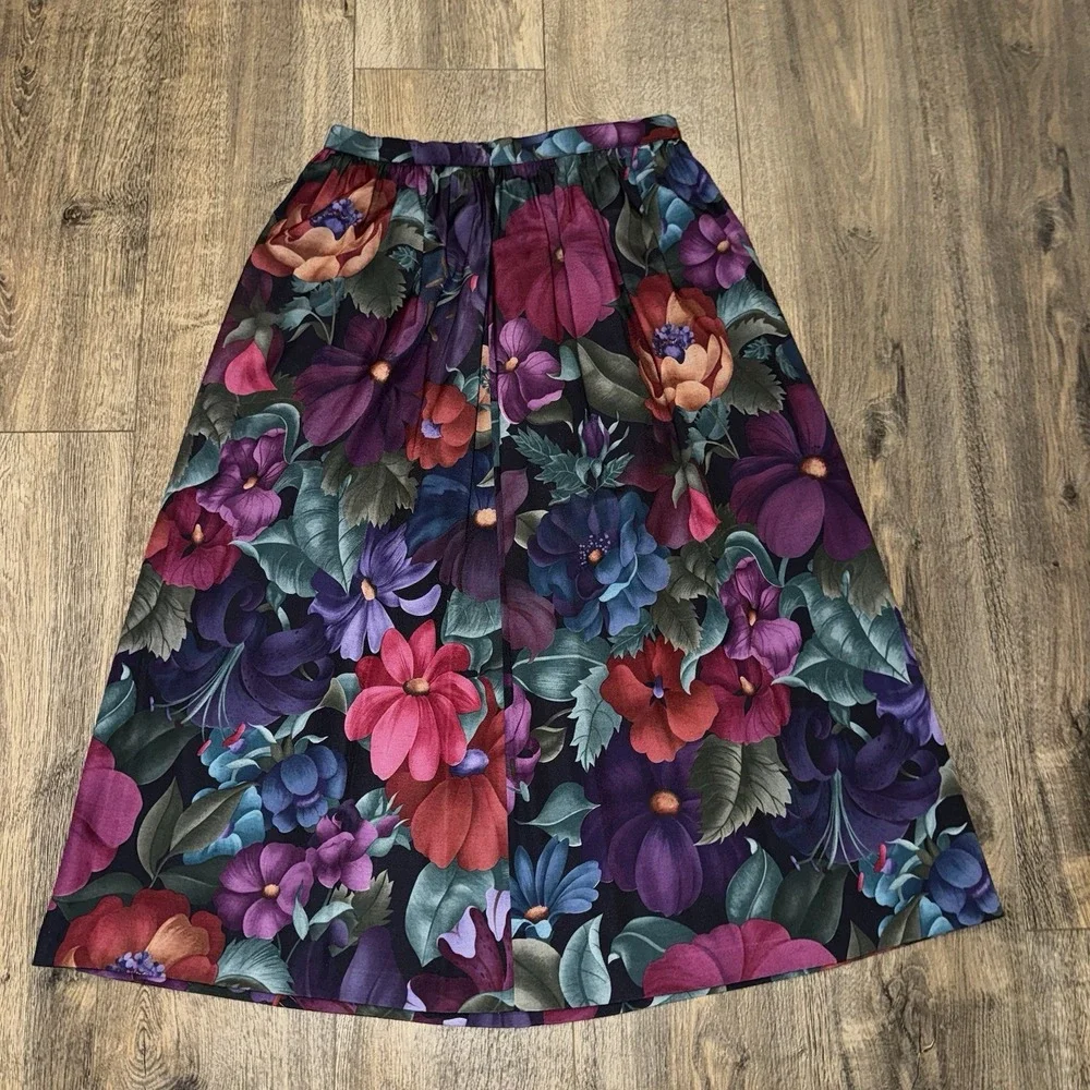 Vintage Alfred Dunner Midi Skirt Womens Sz 8 Bright Floral Dark Romantic USA‎